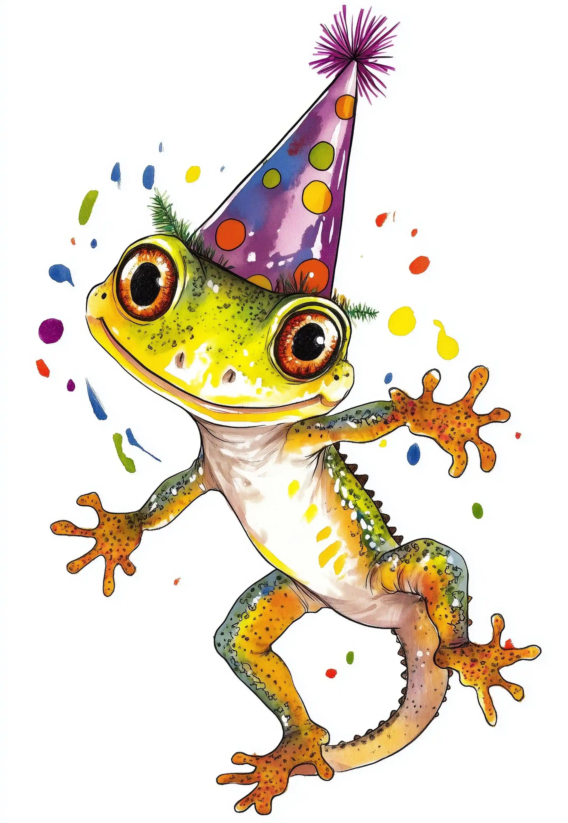 niedlicher Gecko, der einen Partyhut trägt. 