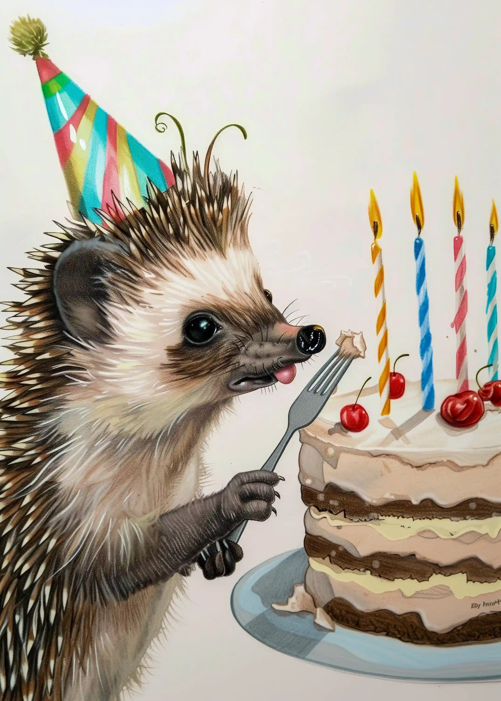 Geburtstagskarte mit Igel Motiv der einen Kuchen isst.