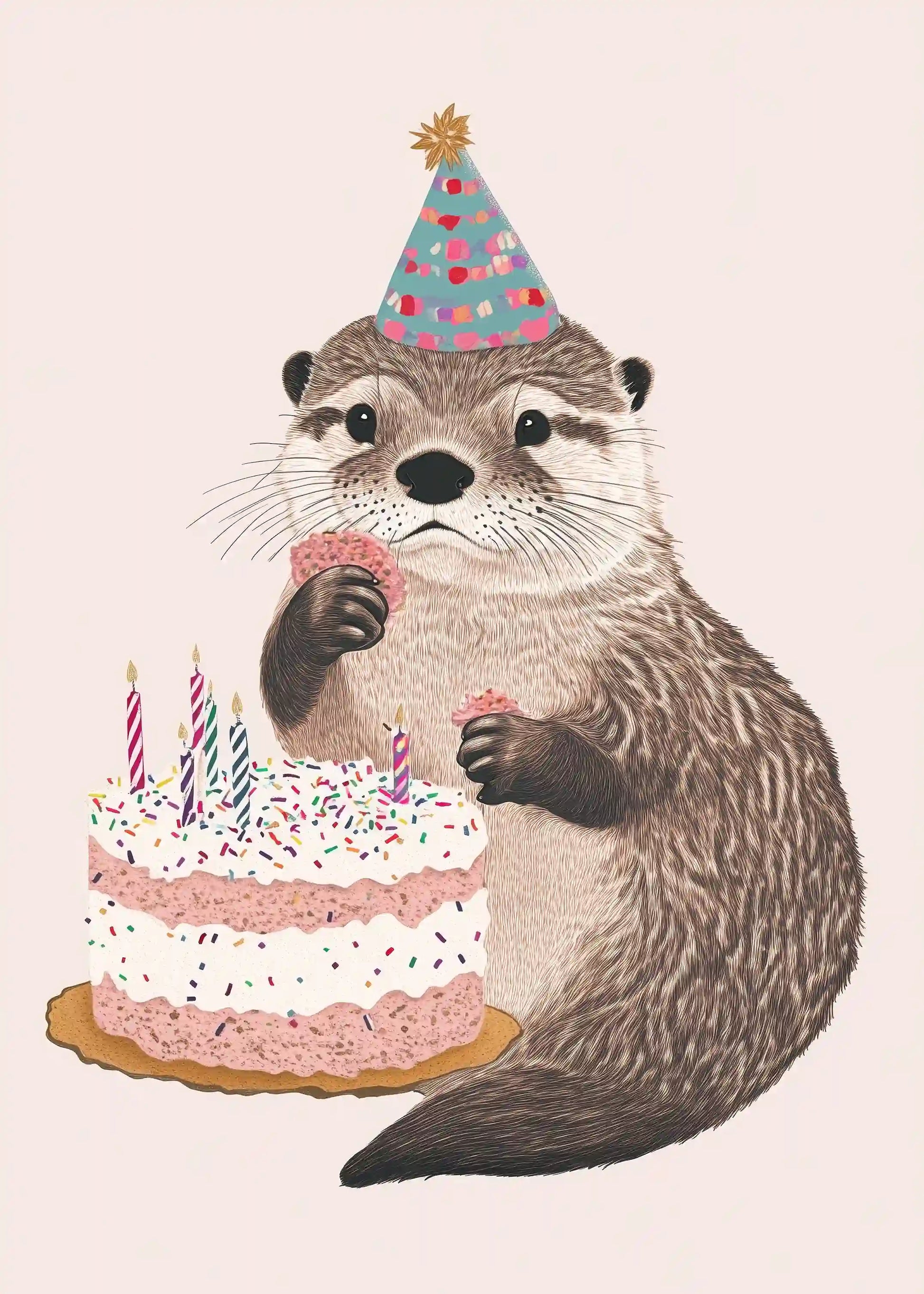 Entdecken Sie unsere entzückende Klappkarte mit einem niedlichen Otter, der leckeren Kuchen genießt. 